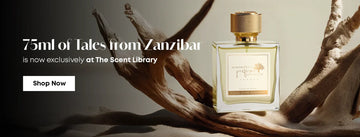 Tales from Zanzibar perfume review featuring a luxury 75ml bottle displayed on natural wood at The Scent Library