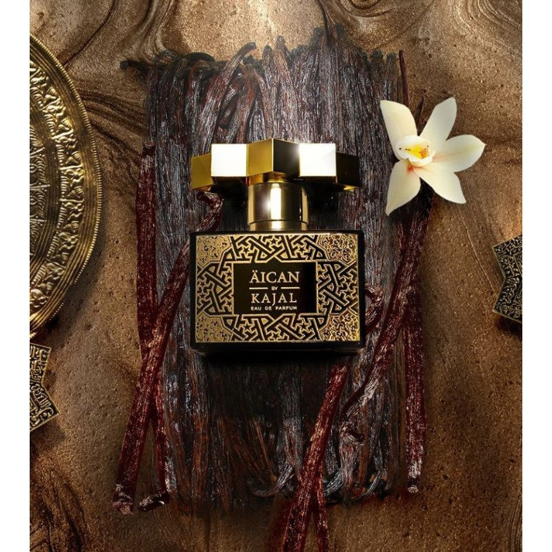 Kajal Perfumes AICAN Eau de Parfum 100ml in a decorative black and gold bottle with geometric design