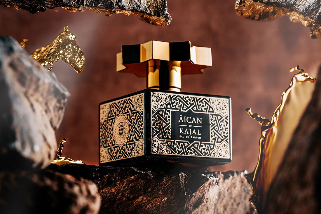 Kajal Perfumes AICAN Eau de Parfum 100ml in a decorative black and gold bottle with geometric design