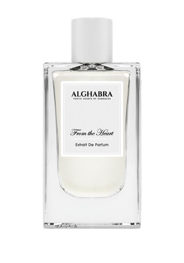 Alghabra From the Heart perfume in a clear rectangular glass bottle with white label and cap