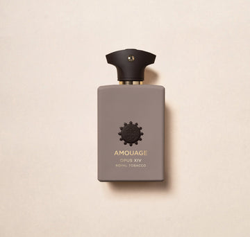 Amouage Opus XIV Royal Tobacco perfume bottle with matte gray design and black cap