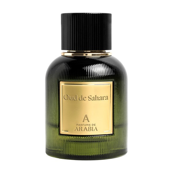 Parfums De Arabia Oud de Sahara perfume bottle with green ribbed glass and black cap