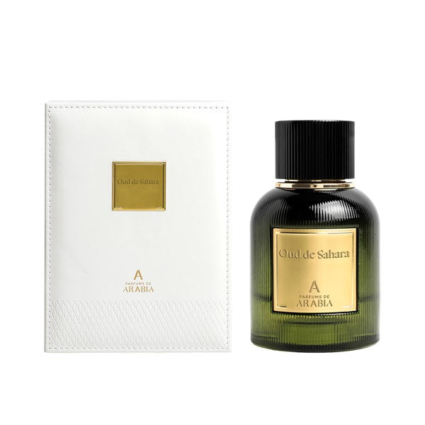 Parfums De Arabia Oud de Sahara perfume bottle with green ribbed glass and black cap