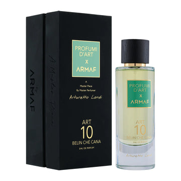 ARMAF ART 10 Belin Che Cana perfume bottle and black box packaging with green and gold labels
