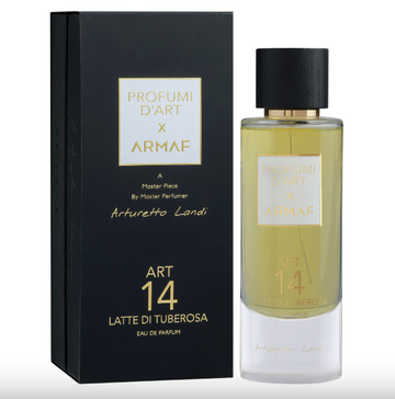 ARMAF ART 14 Latte di Tuberosa perfume bottle and black box packaging with gold lettering