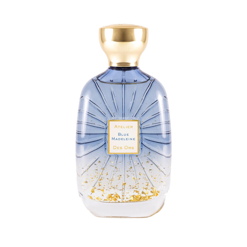 Blue Madeleine Atelier Des Ors perfume bottle with blue gradient and gold flakes by atelierdesors