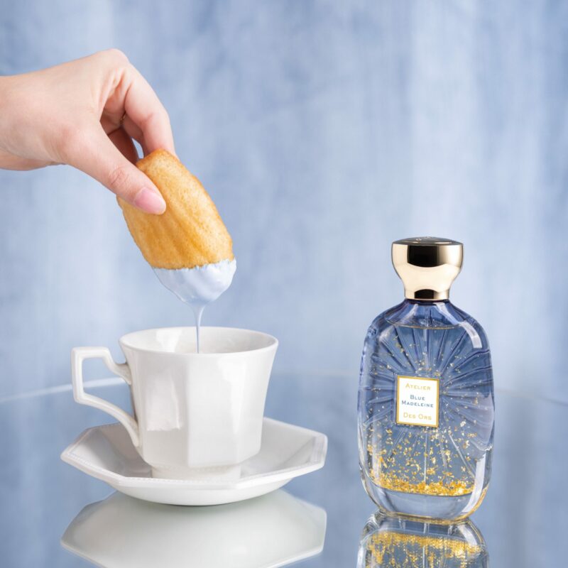 Blue Madeleine Atelier Des Ors perfume bottle with blue gradient and gold flakes by atelierdesors