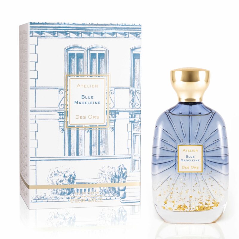Blue Madeleine Atelier Des Ors perfume bottle and packaging with elegant blue and gold design