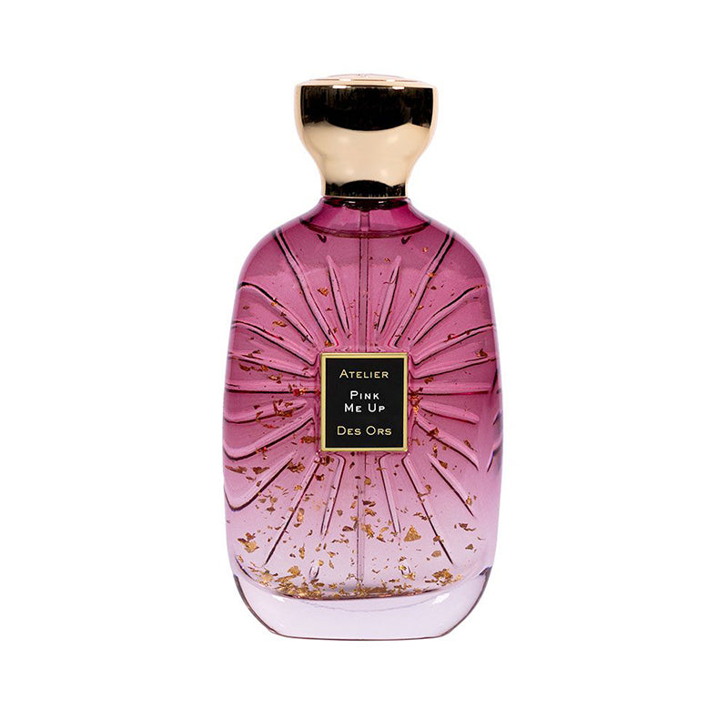Atelier Des Ors Pink Me Up perfume in a pink decorative glass bottle with gold cap