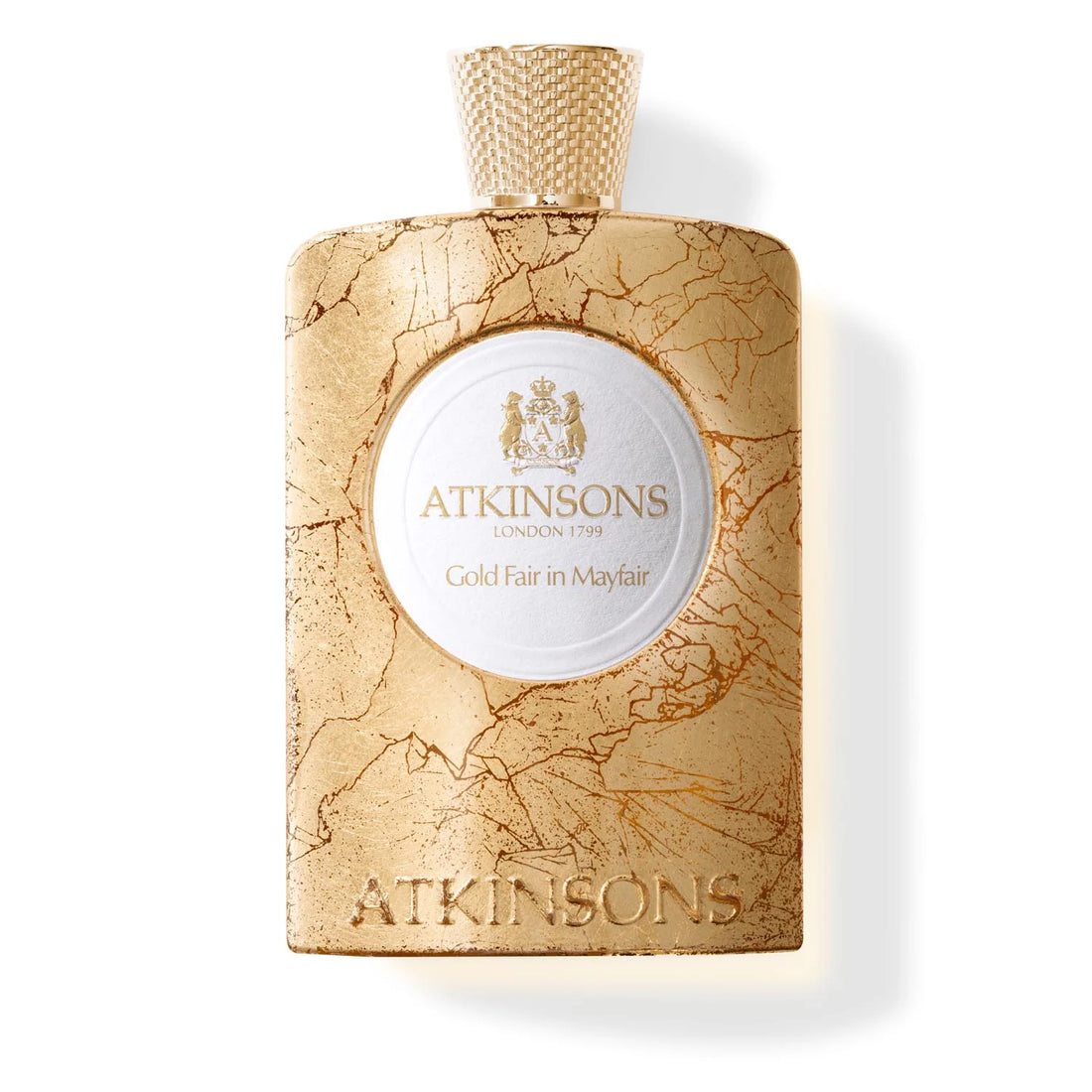 Atkinsons Gold Fair in Mayfair perfume bottle with gold textured design and floral accents