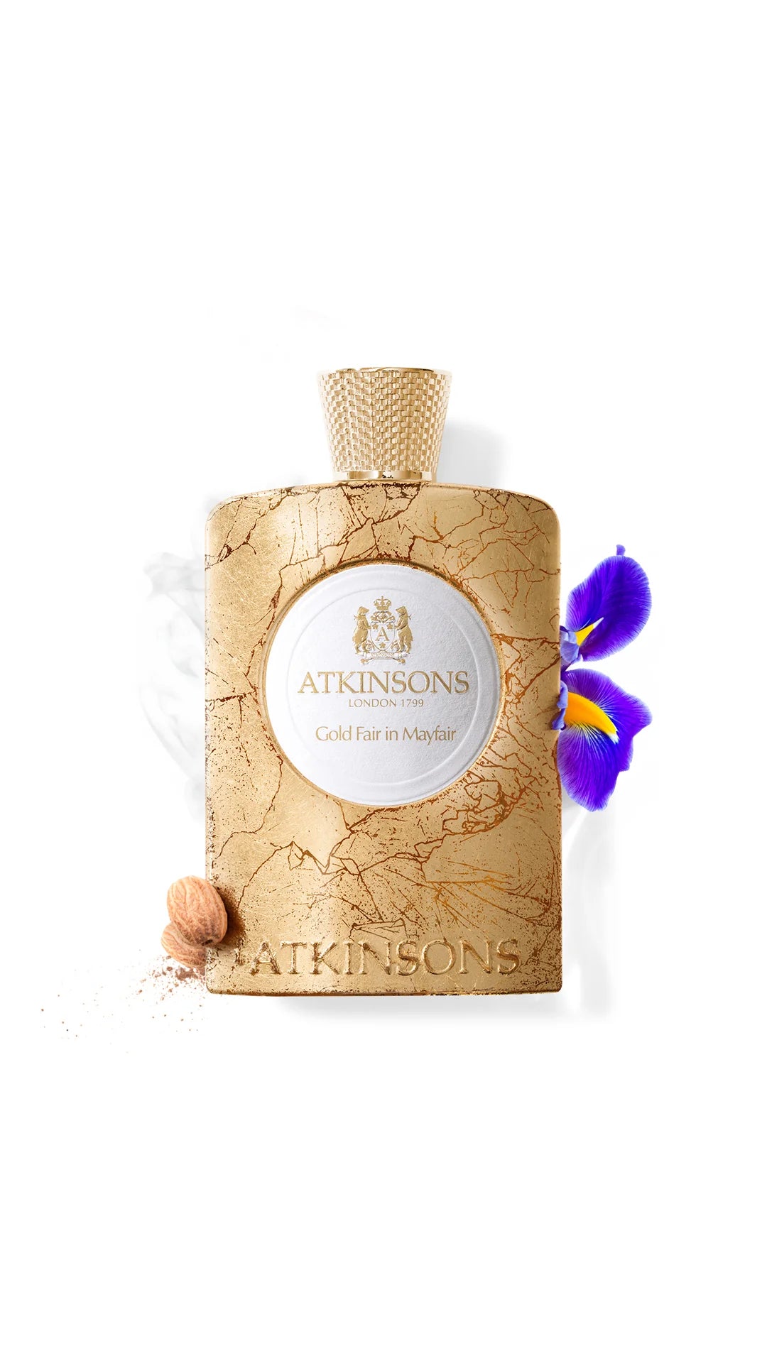 Atkinsons Gold Fair in Mayfair perfume bottle with gold textured design and floral accents