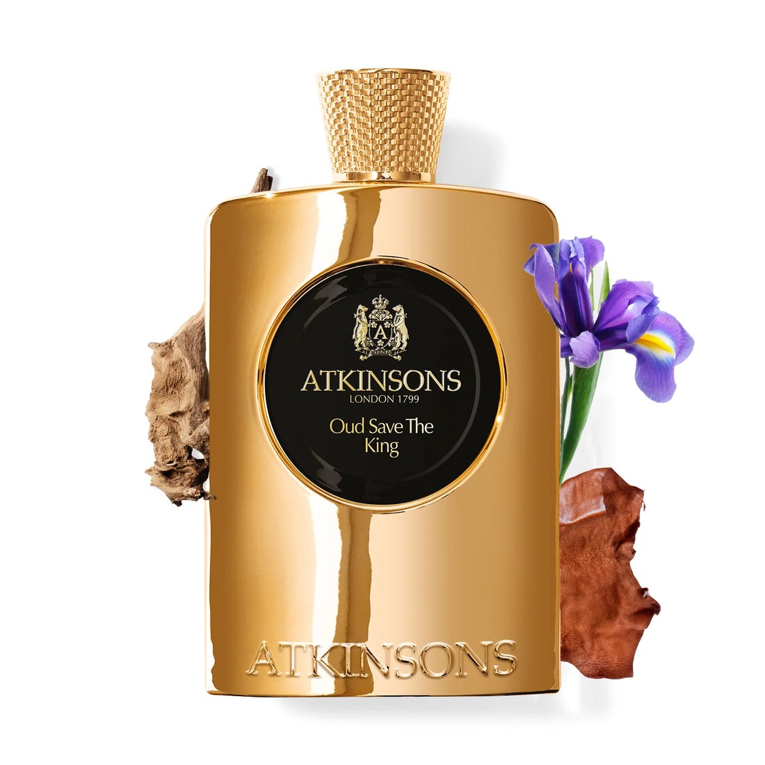 Atkinsons Oud Save The King perfume gold bottle with floral and wood accents