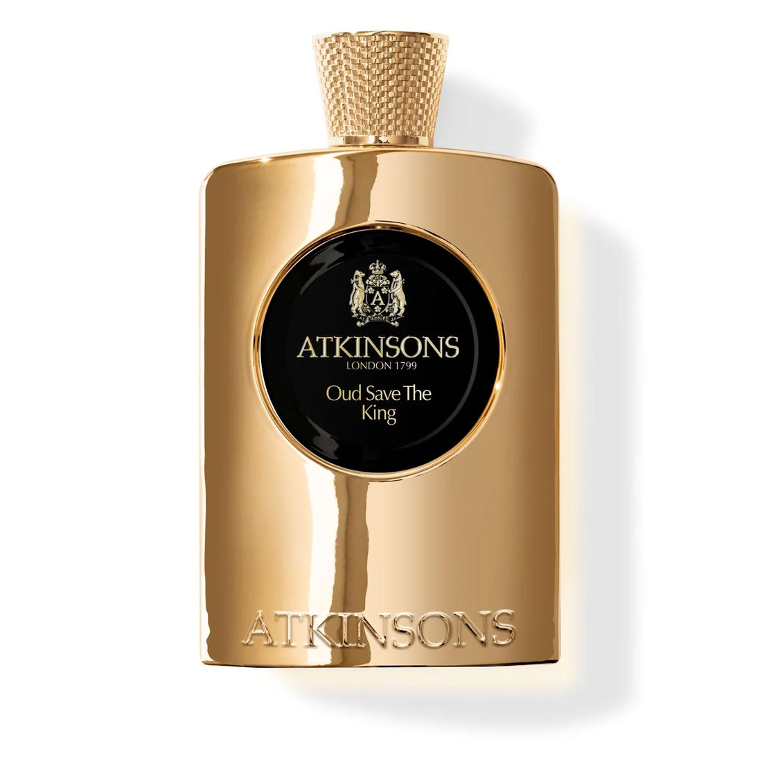 Atkinsons Oud Save The King perfume gold bottle with floral and wood accents