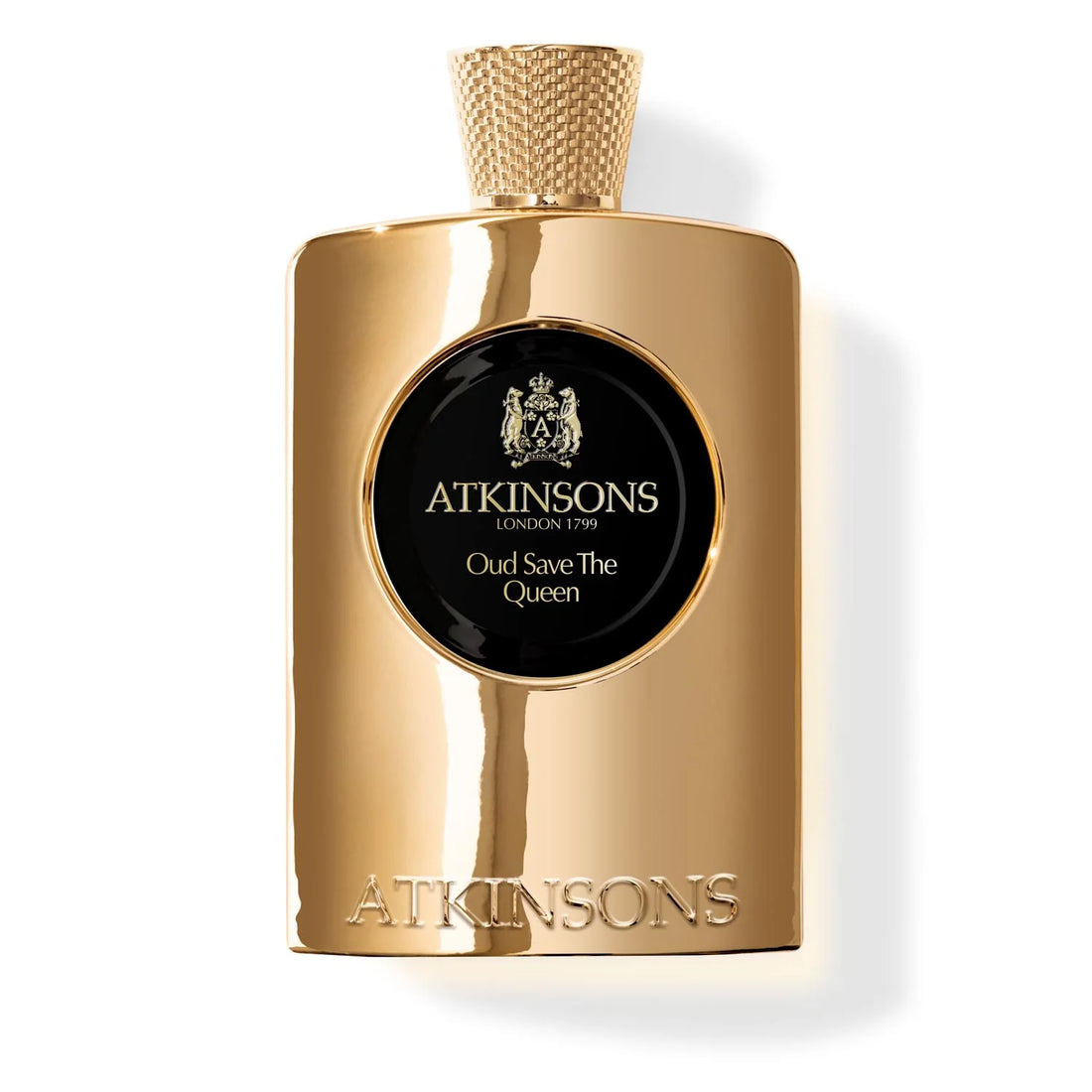 Gold bottle of Atkinsons Oud Save The Queen perfume with natural oud wood, lime, and white flowers