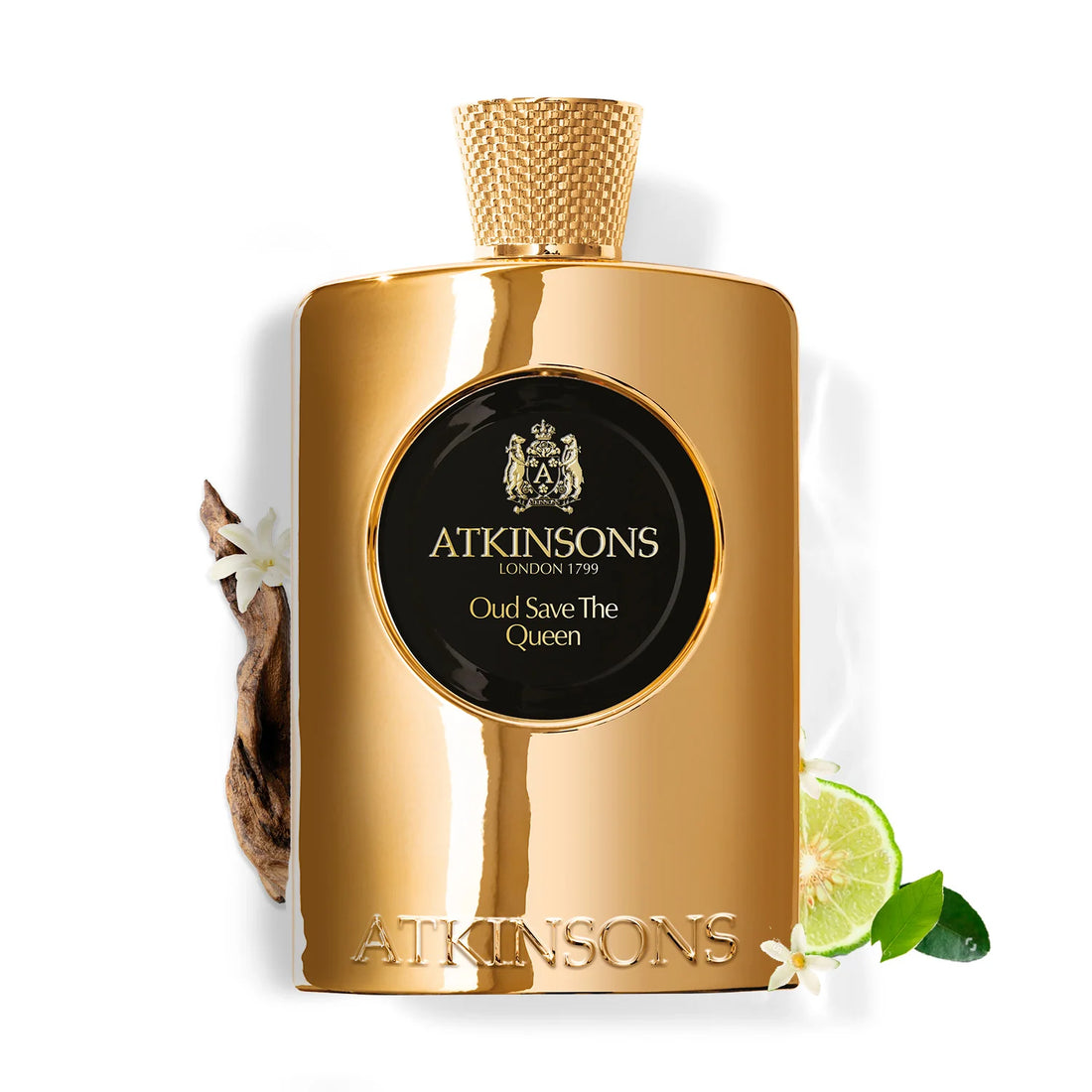 Gold bottle of Atkinsons Oud Save The Queen perfume with natural oud wood, lime, and white flowers