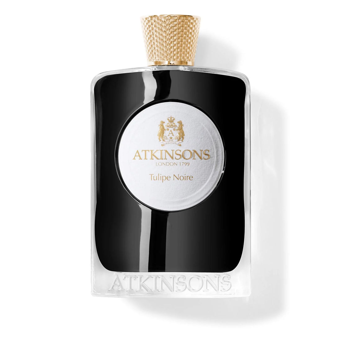 Atkinsons Tulipe Noire Eau de Parfum black bottle with gold cap surrounded by white flowers and green citrus