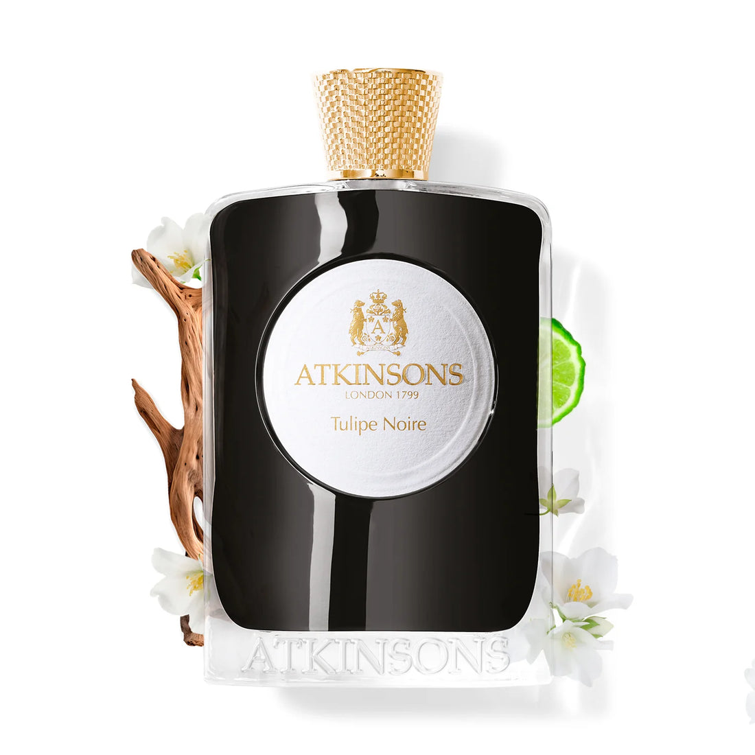 Atkinsons Tulipe Noire Eau de Parfum black bottle with gold cap surrounded by white flowers and green citrus