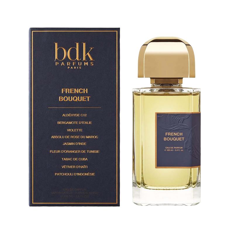 BDK Parfums French Bouquet Eau de Parfum bottle with gold cap and matching dark blue box packaging