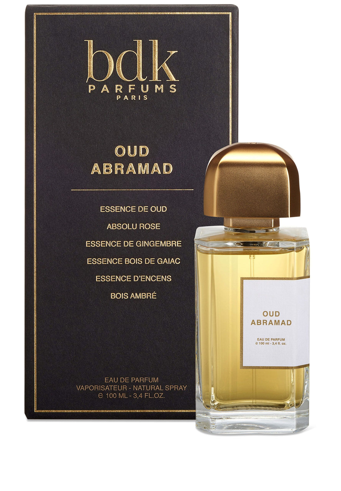 BDK Parfums Oud Abramad perfume bottle with gold cap next to black and gold product box