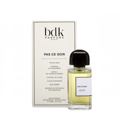 BDK Parfums Pas Ce Soir 100ml perfume bottle and white box with black cap and minimalist design