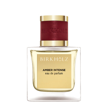 Birkholz Amber Intense Eau de Parfum in clear glass bottle with gold label and red cap