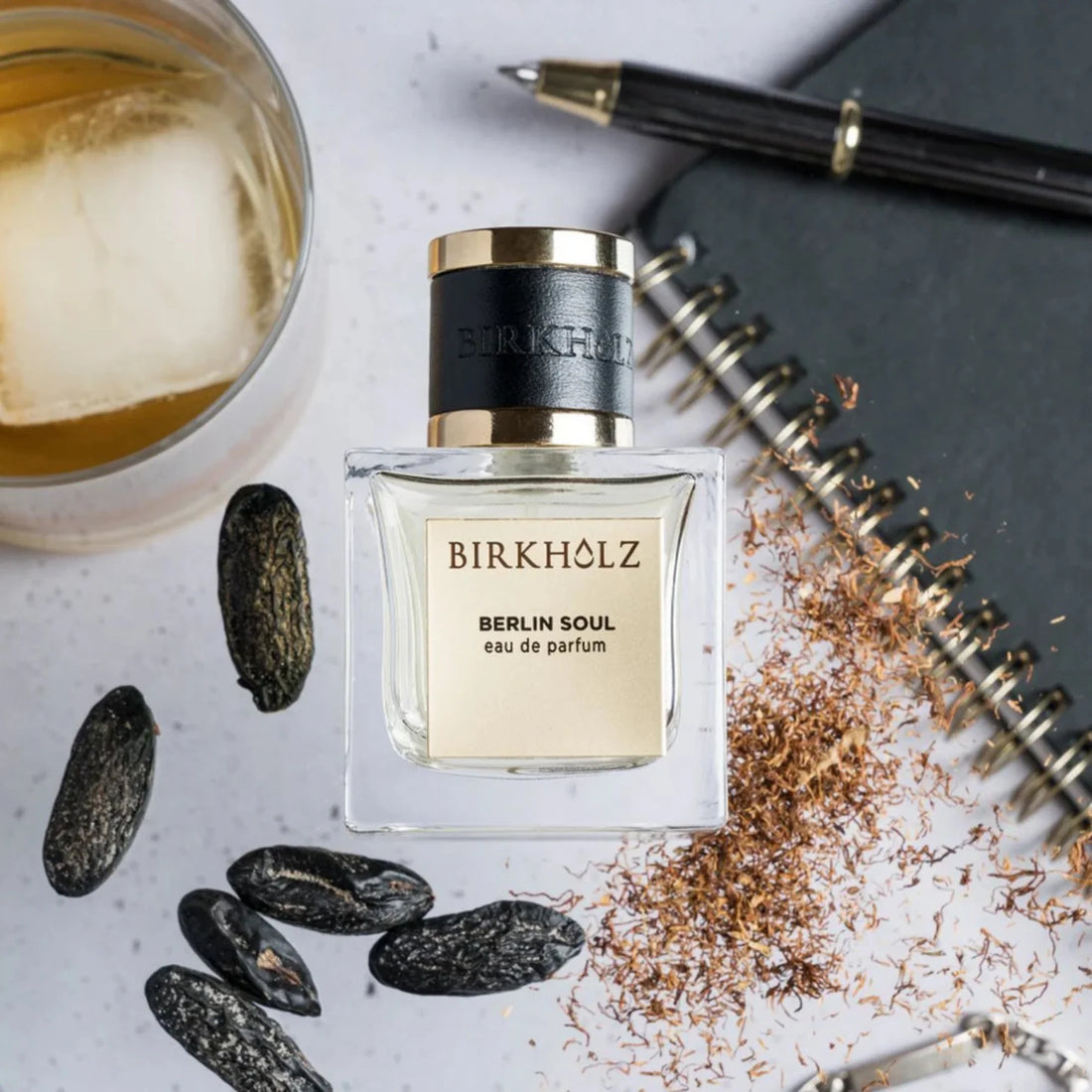 Birkholz Berlin Soul niche perfume eau de parfum in a clear bottle with gold label and black gold cap