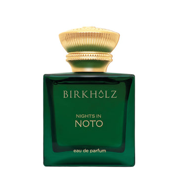 Birkholz Nights in Noto eau de parfum in a green glass bottle with a gold ornate cap