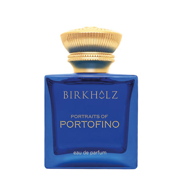 Birkholz Portraits of Portofino perfume bottle in deep blue glass with gold cap