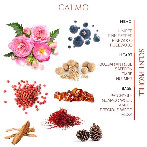 Calmo niche perfume scent profile with notes of juniper pink pepper pinewood rosewood Bulgarian rose saffron tiare nutmeg patchouly amber and musk