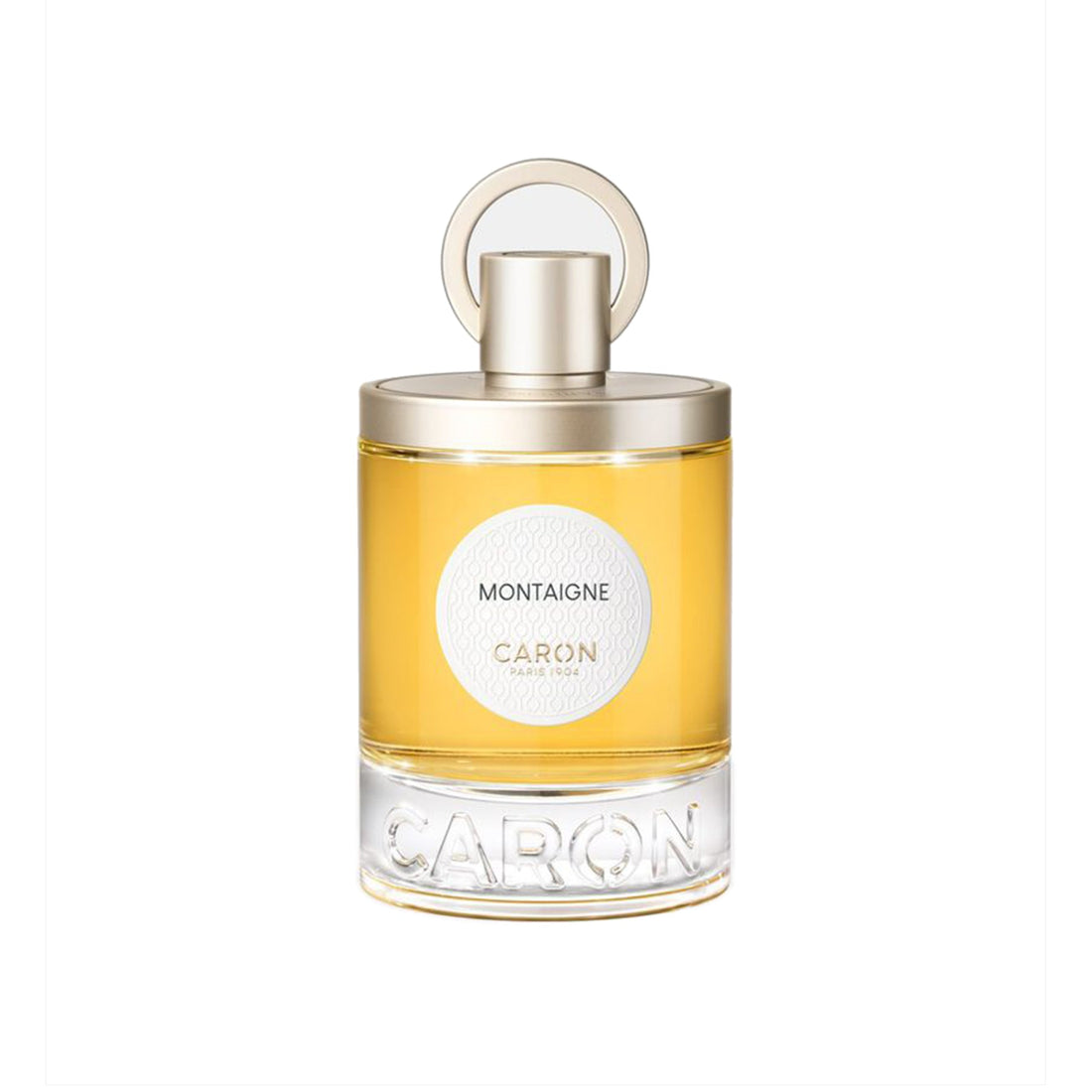 Caron Montaigne Eau de Parfum in elegant clear glass bottle with gold cap and yellow perfume