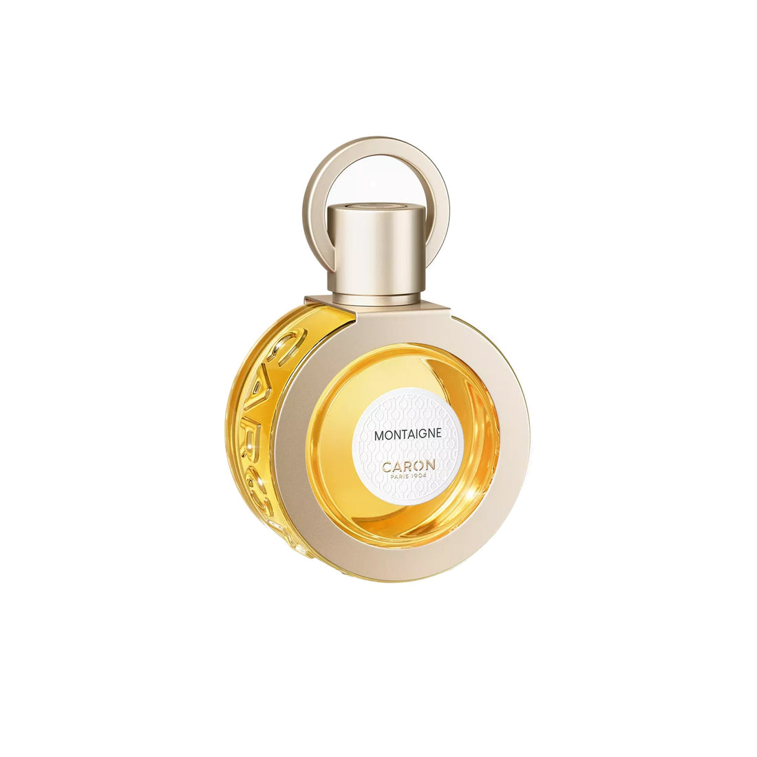 Caron Montaigne Eau de Parfum in elegant clear glass bottle with gold cap and yellow perfume