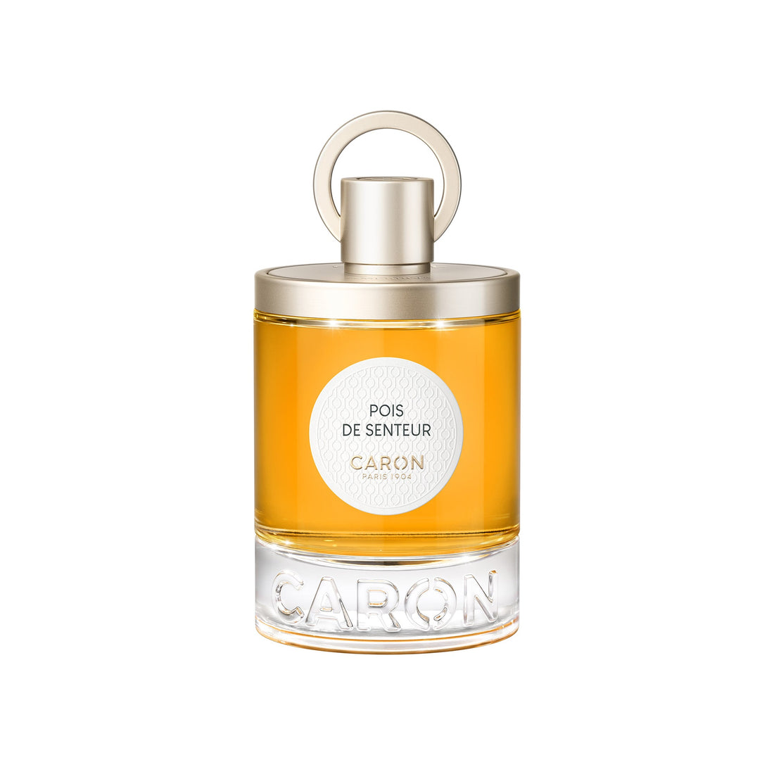 Caron Pois De Senteur Extrait de Parfum bottle with golden liquid and unique circular cap design