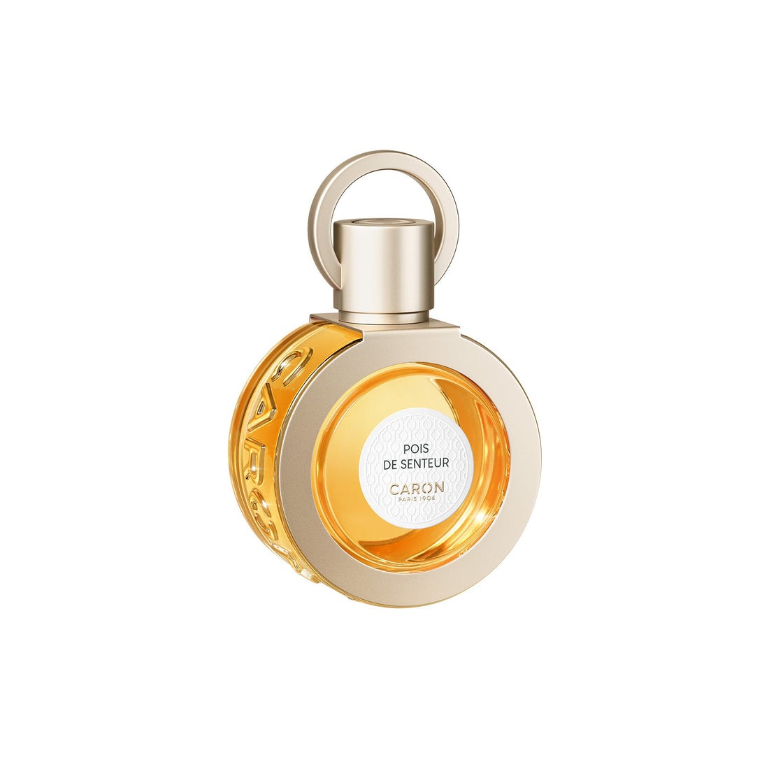 Caron Pois De Senteur Extrait de Parfum bottle with golden liquid and unique circular cap design