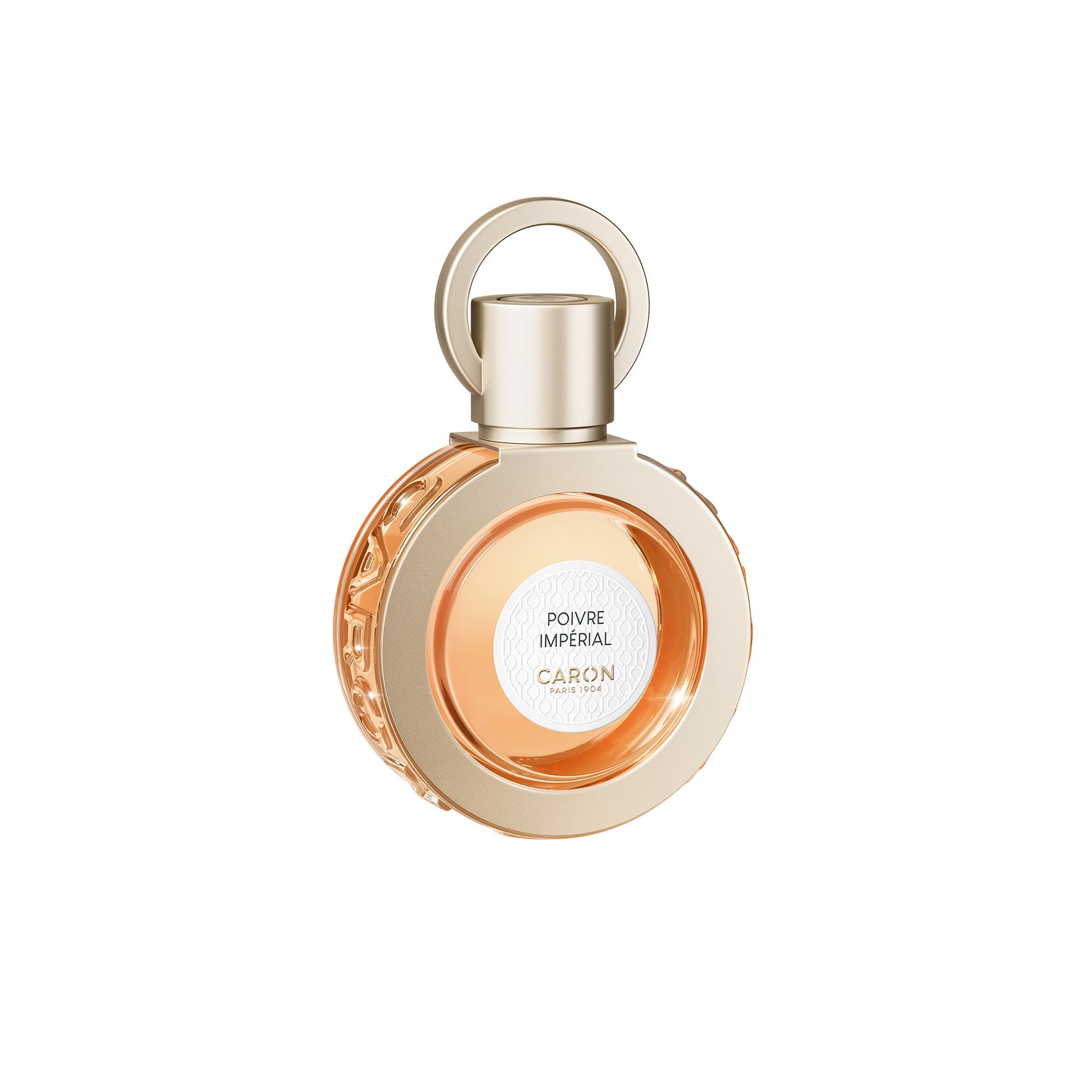 Caron Poivre Impérial Eau de Parfum in elegant round gold bottle with amber fragrance inside