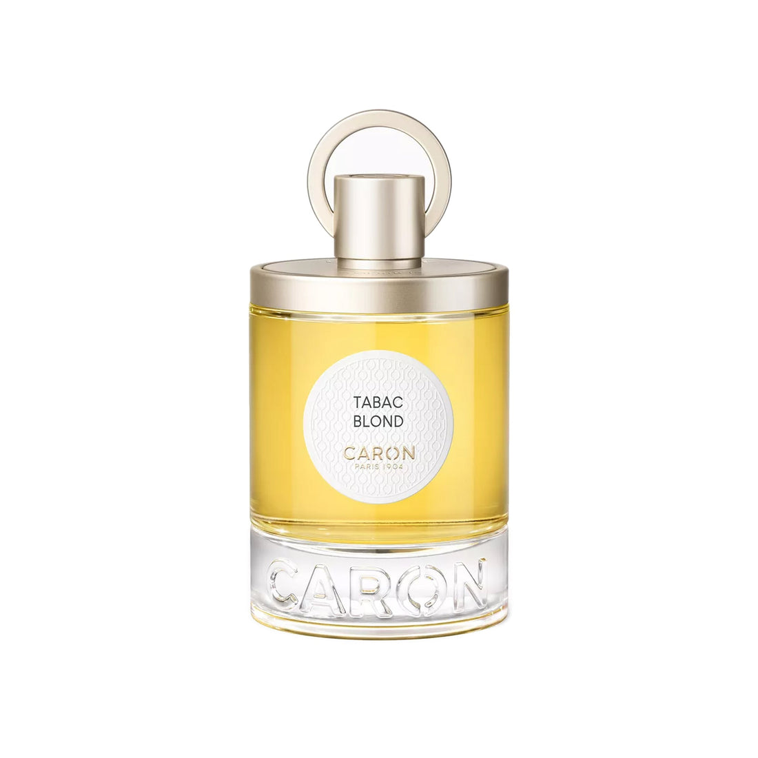 Caron Tabac Blond perfume with golden liquid and elegant round gold cap on clear glass bottle
