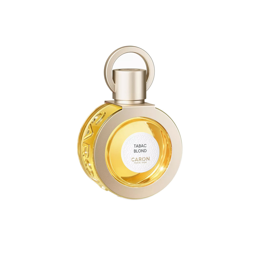 Caron Tabac Blond perfume with golden liquid and elegant round gold cap on clear glass bottle