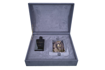 Scent Library charcoal velvet fragrance box with black perfume bottle and elegant packaging inside