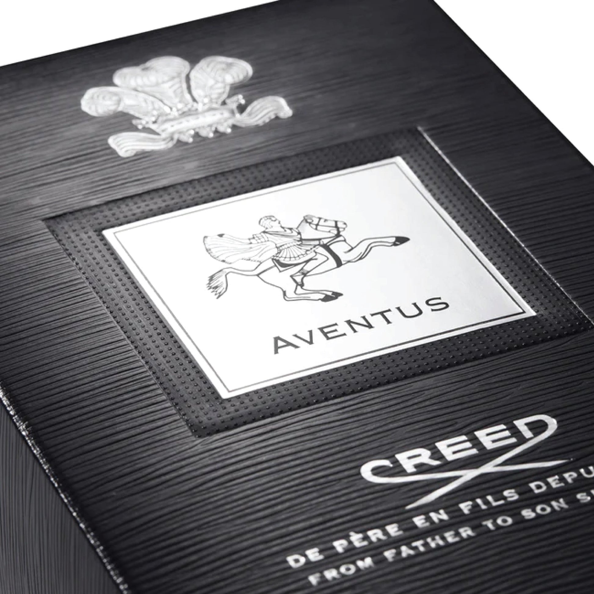 Black textured box of Creed Aventus 100ml perfume with embossed logo and horseman design