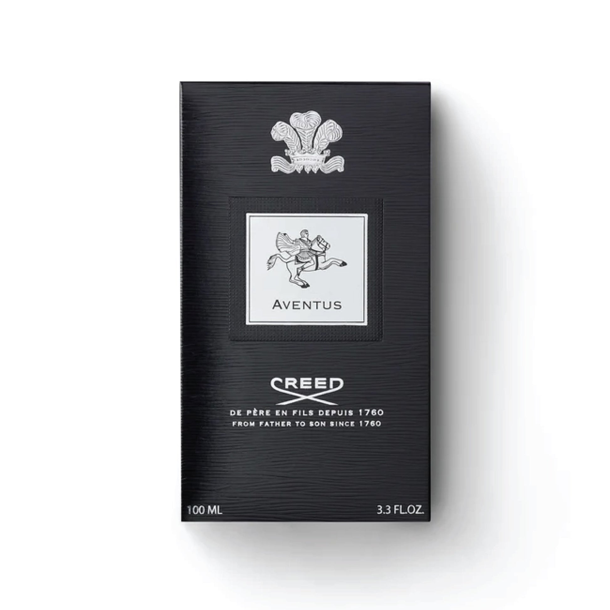 Creed Aventus 100ml perfume box in black with silver emblem and branding details