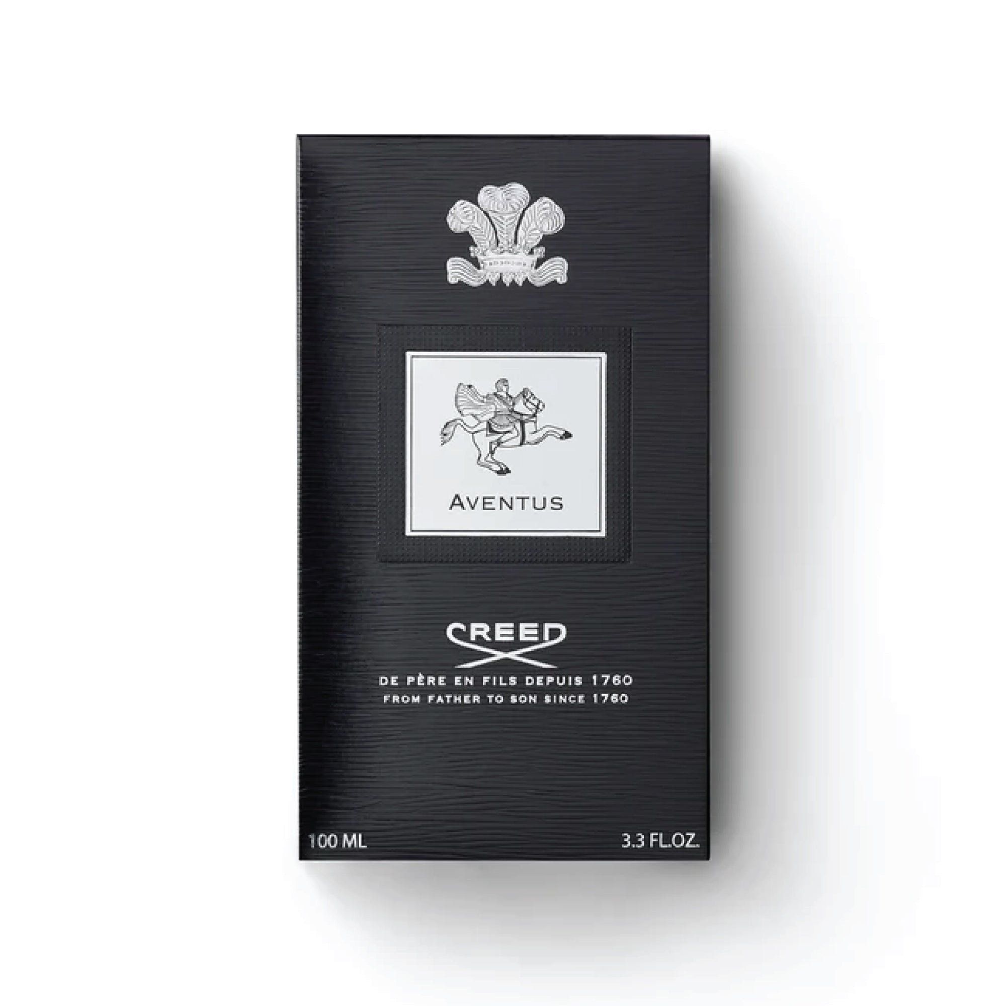 Creed Aventus 100ml perfume box in black with silver emblem and branding details