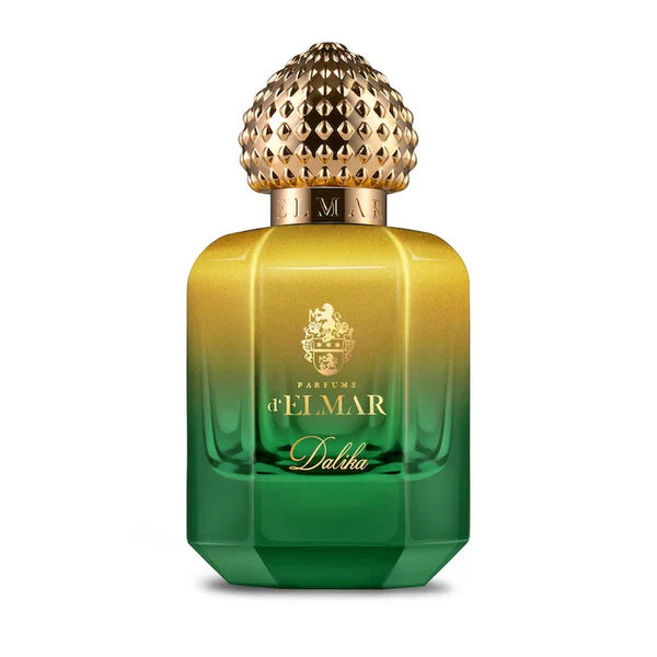 DELMAR Dalika perfume Dubai bottle with green and gold gradient and decorative gold cap