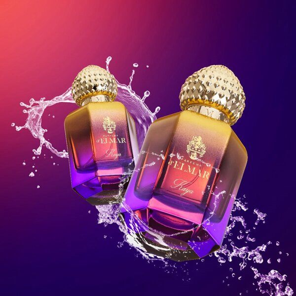 DELMAR Kaya niche perfume bottle with gradient purple and gold design next to elegant black packaging box