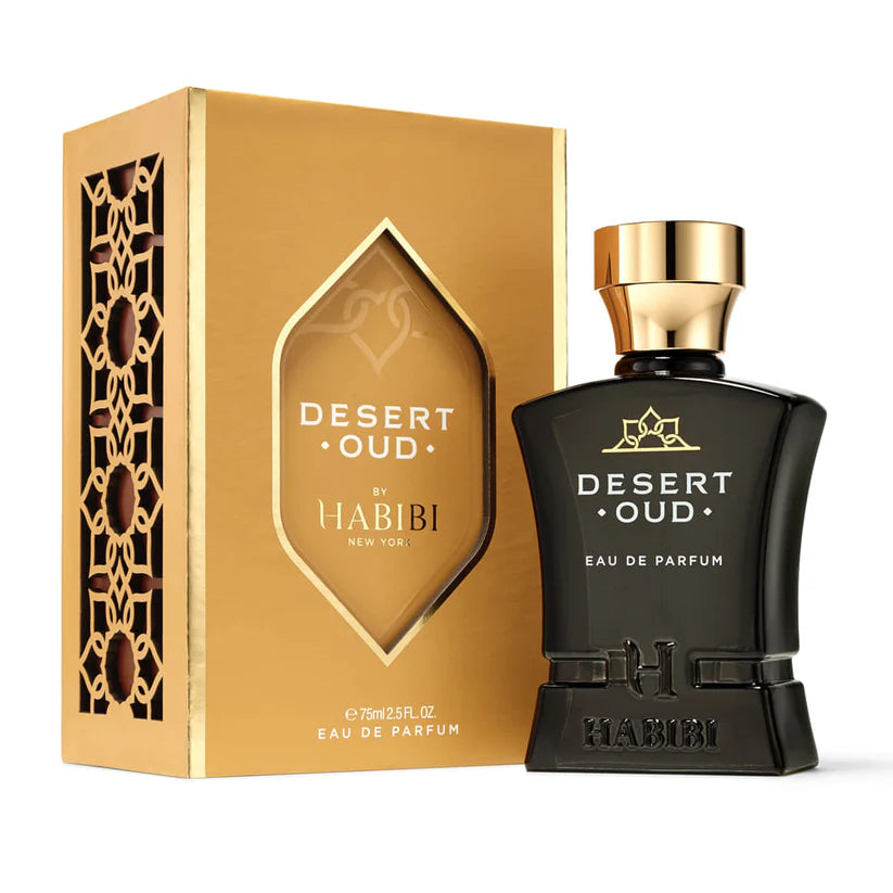 Desert Oud perfume by HABIBI NEW YORK with black and gold bottle and elegant gold packaging box