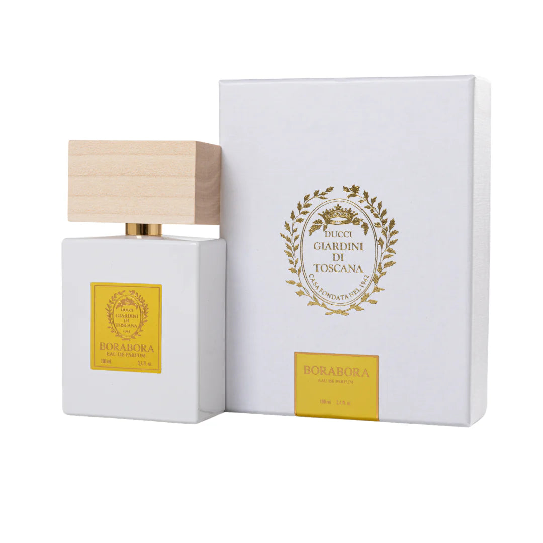 Giardini Di Toscana Borabora perfume bottle with white rectangular design and wooden cap