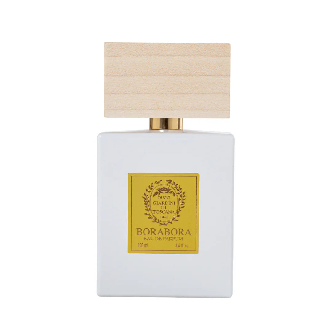 Giardini Di Toscana Borabora perfume bottle with white rectangular design and wooden cap