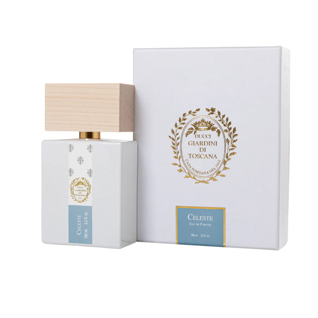 Giardini Di Toscana Celeste perfume bottle with white rectangular design and wooden cap