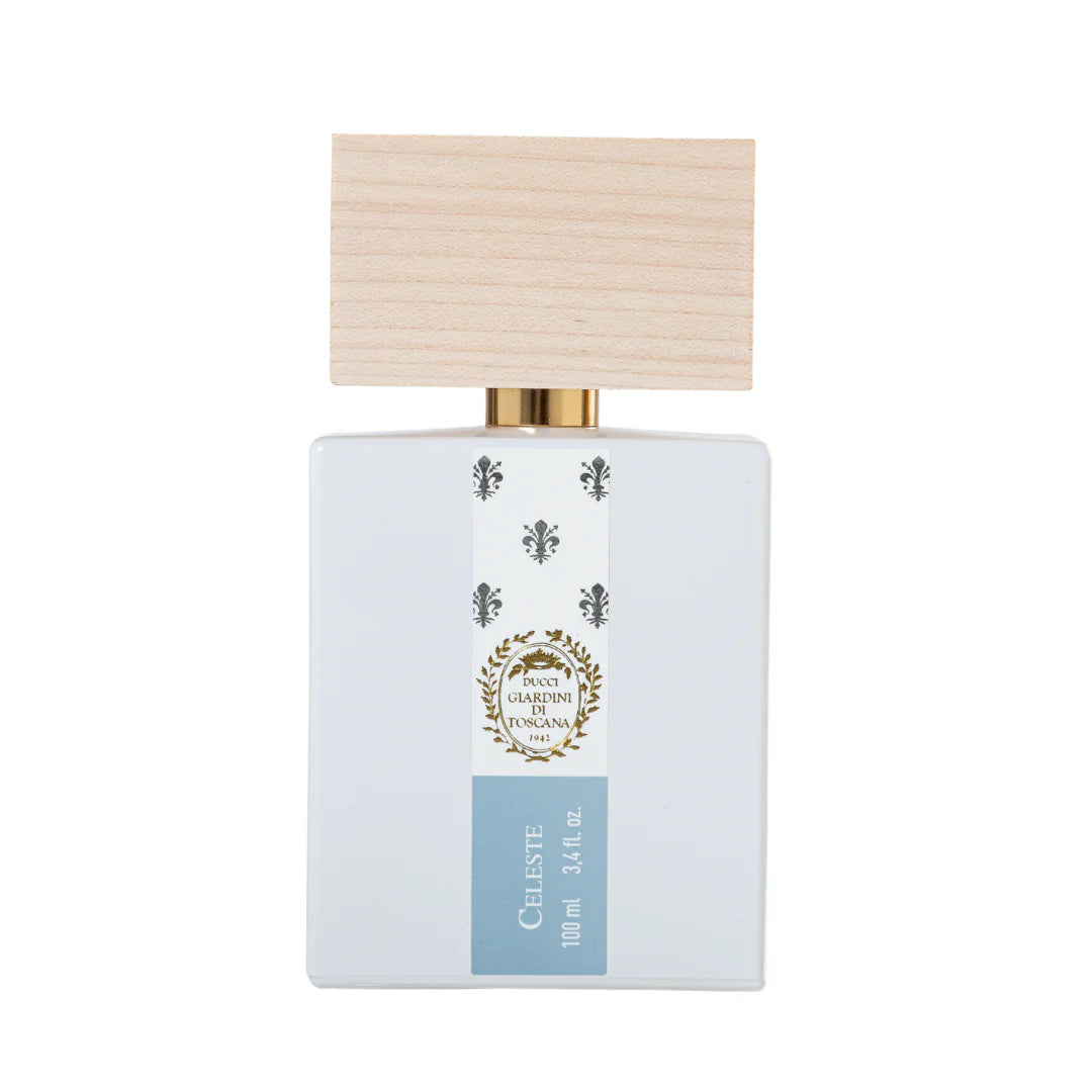 Giardini Di Toscana Celeste perfume bottle with white rectangular design and wooden cap