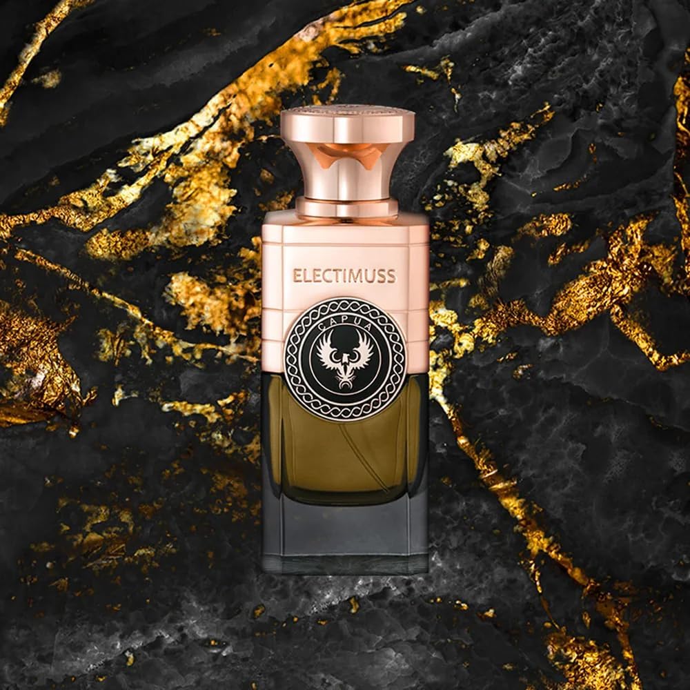Electimuss Capua perfume 100ml bottle with gold and black design on a black and gold textured background