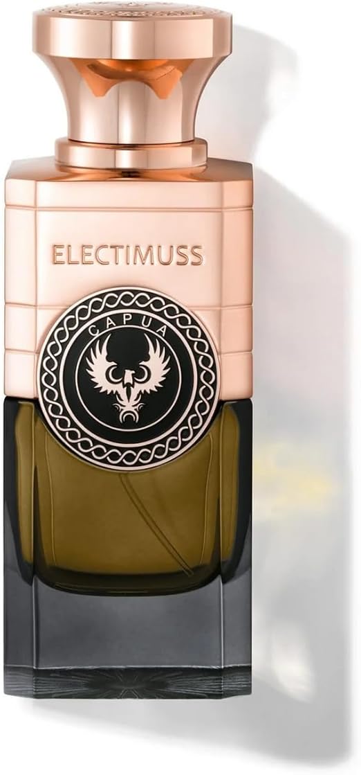 Electimuss Capua perfume 100ml bottle with gold and black design on a black and gold textured background