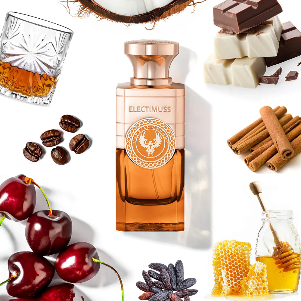 Electimuss Caspian Cherry perfume bottle surrounded by cherries, coffee beans, chocolate, cinnamon sticks, honey, and coconut